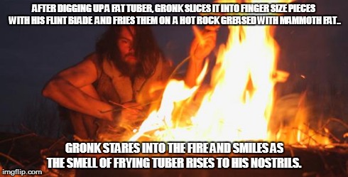 AFTER DIGGING UP A FAT TUBER, GRONK SLICES IT INTO FINGER SIZE PIECES WITH HIS FLINT BLADE  AND FRIES THEM ON  A HOT ROCK GREASED WITH MAMMO | image tagged in caveman fire | made w/ Imgflip meme maker