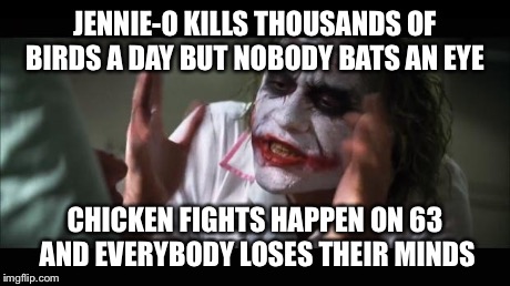 And everybody loses their minds Meme | JENNIE-O KILLS THOUSANDS OF BIRDS A DAY BUT NOBODY BATS AN EYE CHICKEN FIGHTS HAPPEN ON 63 AND EVERYBODY LOSES THEIR MINDS | image tagged in memes,and everybody loses their minds | made w/ Imgflip meme maker