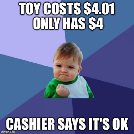 Success Kid | TOY COSTS $4.01 ONLY HAS $4 CASHIER SAYS IT'S OK | image tagged in memes,success kid | made w/ Imgflip meme maker