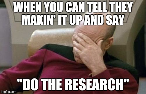 Captain Picard Facepalm | WHEN YOU CAN TELL THEY MAKIN' IT UP AND SAY "DO THE RESEARCH" | image tagged in memes,captain picard facepalm | made w/ Imgflip meme maker