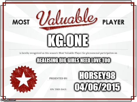 MVP Certificate | KG.ONE REALISING BIG GIRLS NEED LOVE TOO HORSEY98 04/06/2015 | image tagged in mvp certificate | made w/ Imgflip meme maker