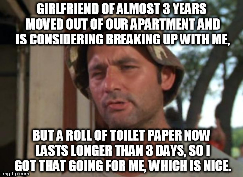 So I Got That Goin For Me Which Is Nice | GIRLFRIEND OF ALMOST 3 YEARS MOVED OUT OF OUR APARTMENT AND IS CONSIDERING BREAKING UP WITH ME, BUT A ROLL OF TOILET PAPER NOW LASTS LONGER  | image tagged in memes,so i got that goin for me which is nice | made w/ Imgflip meme maker