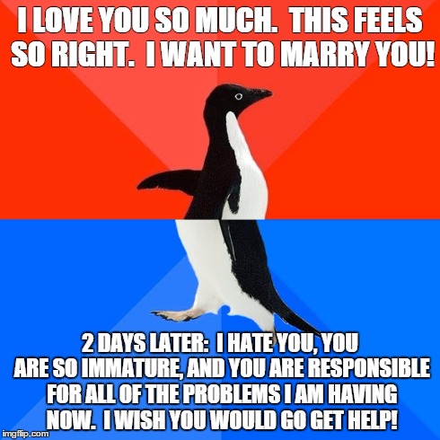 Socially Awesome Awkward Penguin Meme | I LOVE YOU SO MUCH.  THIS FEELS SO RIGHT.  I WANT TO MARRY YOU! 2 DAYS LATER:  I HATE YOU, YOU ARE SO IMMATURE, AND YOU ARE RESPONSIBLE FOR  | image tagged in memes,socially awesome awkward penguin | made w/ Imgflip meme maker