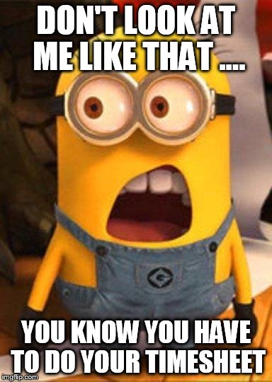 Minion Overwhelmed | DON'T LOOK AT ME LIKE THAT .... YOU KNOW YOU HAVE TO DO YOUR TIMESHEET | image tagged in minion overwhelmed | made w/ Imgflip meme maker