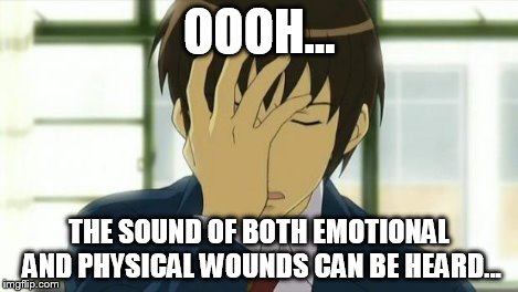 Kyon Facepalm Ver 2 | OOOH... THE SOUND OF BOTH EMOTIONAL AND PHYSICAL WOUNDS CAN BE HEARD... | image tagged in kyon facepalm ver 2 | made w/ Imgflip meme maker