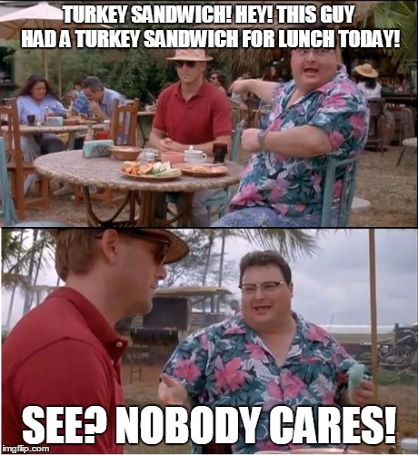 See Nobody Cares | TURKEY SANDWICH! HEY! THIS GUY HAD A TURKEY SANDWICH FOR LUNCH TODAY! SEE? NOBODY CARES! | image tagged in memes,see nobody cares | made w/ Imgflip meme maker