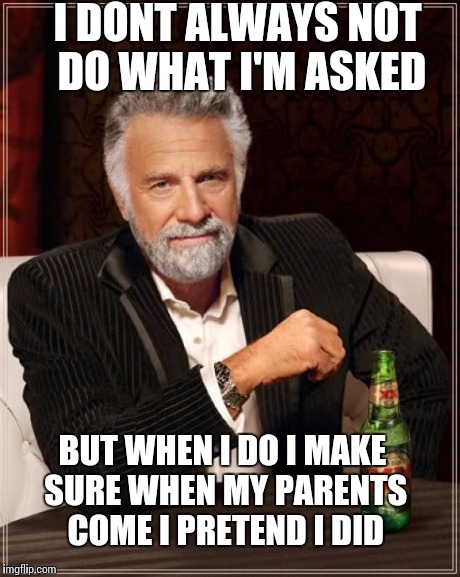 The Most Interesting Man In The World | I DONT ALWAYS NOT DO WHAT I'M ASKED BUT WHEN I DO I MAKE SURE WHEN MY PARENTS COME I PRETEND I DID | image tagged in memes,the most interesting man in the world | made w/ Imgflip meme maker