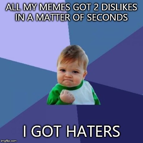 Success Kid Meme | ALL MY MEMES GOT 2 DISLIKES IN A MATTER OF SECONDS I GOT HATERS | image tagged in memes,success kid | made w/ Imgflip meme maker