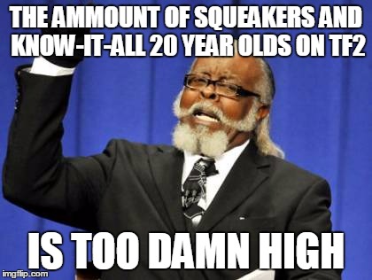 Too Damn High | THE AMMOUNT OF SQUEAKERS AND KNOW-IT-ALL 20 YEAR OLDS ON TF2 IS TOO DAMN HIGH | image tagged in memes,too damn high | made w/ Imgflip meme maker