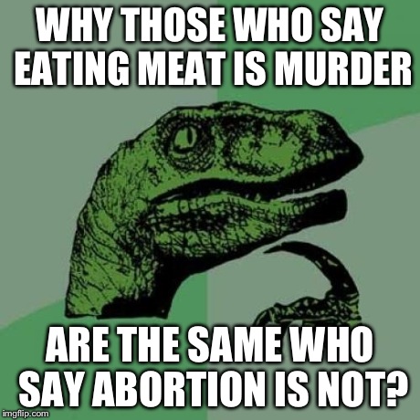 Philosoraptor | WHY THOSE WHO SAY EATING MEAT IS MURDER ARE THE SAME WHO SAY ABORTION IS NOT? | image tagged in memes,philosoraptor | made w/ Imgflip meme maker