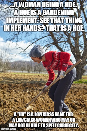 hoe | ...A WOMAN USING A HOE. A HOE IS A GARDENING IMPLEMENT. SEE THAT THING IN HER HANDS? THAT IS A HOE. A "HO" IS A LOWCLASS NAME FOR A LOWCLASS | image tagged in education | made w/ Imgflip meme maker