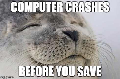 Satisfied Seal Meme | COMPUTER CRASHES BEFORE YOU SAVE | image tagged in memes,satisfied seal | made w/ Imgflip meme maker