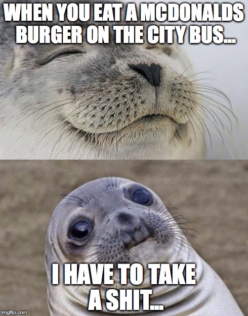 Short Satisfaction VS Truth | WHEN YOU EAT A MCDONALDS BURGER ON THE CITY BUS... I HAVE TO TAKE A SHIT... | image tagged in memes,short satisfaction vs truth | made w/ Imgflip meme maker