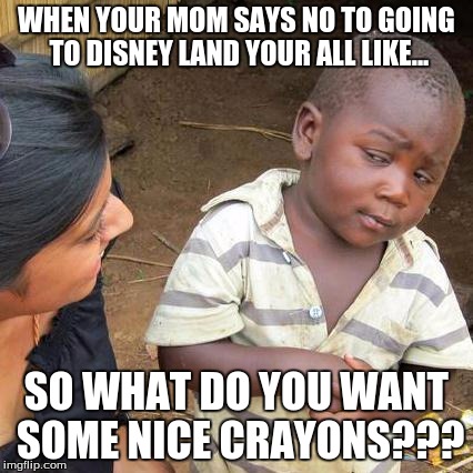 Third World Skeptical Kid | WHEN YOUR MOM SAYS NO TO GOING TO DISNEY LAND YOUR ALL LIKE... SO WHAT DO YOU WANT SOME NICE CRAYONS??? | image tagged in memes,third world skeptical kid | made w/ Imgflip meme maker