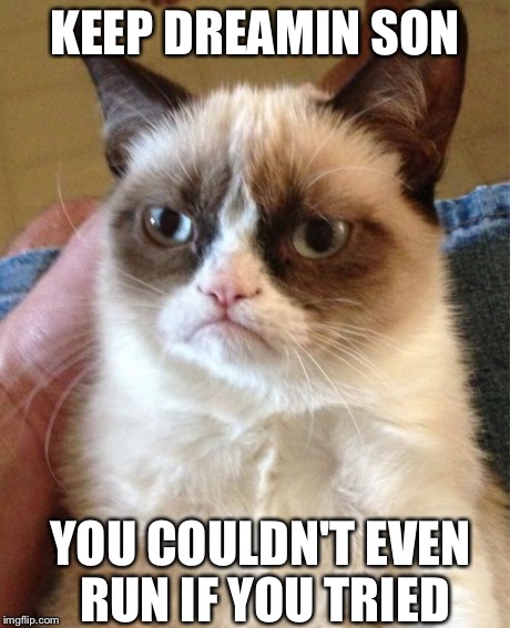 Grumpy Cat Meme | KEEP DREAMIN SON YOU COULDN'T EVEN RUN IF YOU TRIED | image tagged in memes,grumpy cat | made w/ Imgflip meme maker