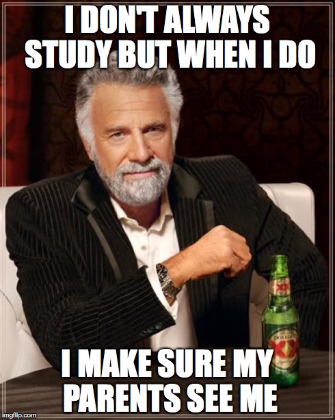 The Most Interesting Man In The World | I DON'T ALWAYS STUDY BUT WHEN I DO I MAKE SURE MY PARENTS SEE ME | image tagged in memes,the most interesting man in the world | made w/ Imgflip meme maker