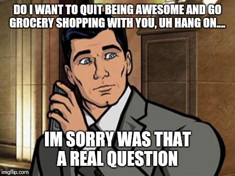 Archer | DO I WANT TO QUIT BEING AWESOME AND GO GROCERY SHOPPING WITH YOU, UH HANG ON.... IM SORRY WAS THAT A REAL QUESTION | image tagged in archer | made w/ Imgflip meme maker