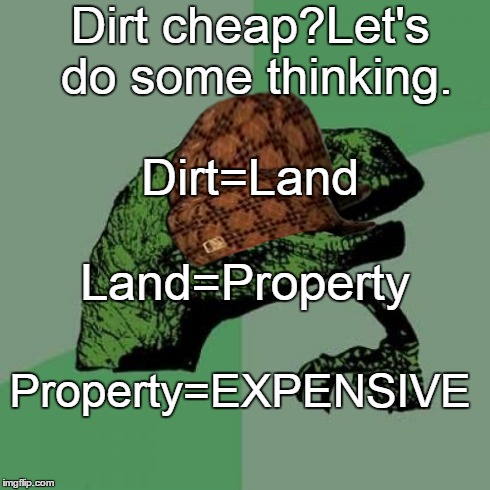 Philosoraptor | Dirt cheap?Let's do some thinking. Dirt=Land Land=Property Property=EXPENSIVE | image tagged in memes,philosoraptor,scumbag | made w/ Imgflip meme maker