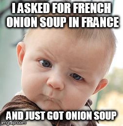 Skeptical Baby Meme | I ASKED FOR FRENCH ONION SOUP IN FRANCE AND JUST GOT ONION SOUP | image tagged in memes,skeptical baby | made w/ Imgflip meme maker