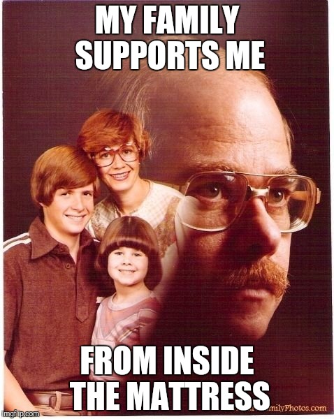 Vengeance Dad Meme | MY FAMILY SUPPORTS ME FROM INSIDE THE MATTRESS | image tagged in memes,vengeance dad | made w/ Imgflip meme maker