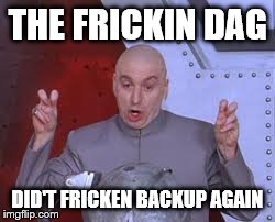 Dr Evil Laser Meme | THE FRICKIN DAG DID'T FRICKEN BACKUP AGAIN | image tagged in memes,dr evil laser | made w/ Imgflip meme maker