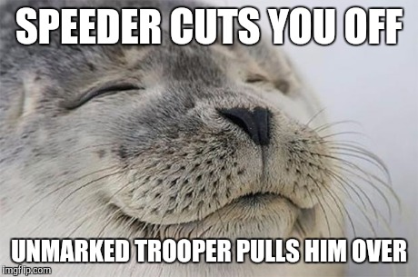 Satisfied Seal | SPEEDER CUTS YOU OFF UNMARKED TROOPER PULLS HIM OVER | image tagged in memes,satisfied seal | made w/ Imgflip meme maker