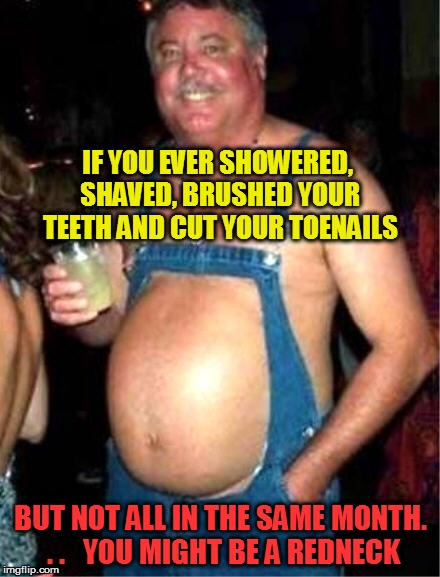 Redneck fashion | IF YOU EVER SHOWERED, SHAVED, BRUSHED YOUR TEETH AND CUT YOUR TOENAILS BUT NOT ALL IN THE SAME MONTH. . .   YOU MIGHT BE A REDNECK | image tagged in redneck fashion | made w/ Imgflip meme maker