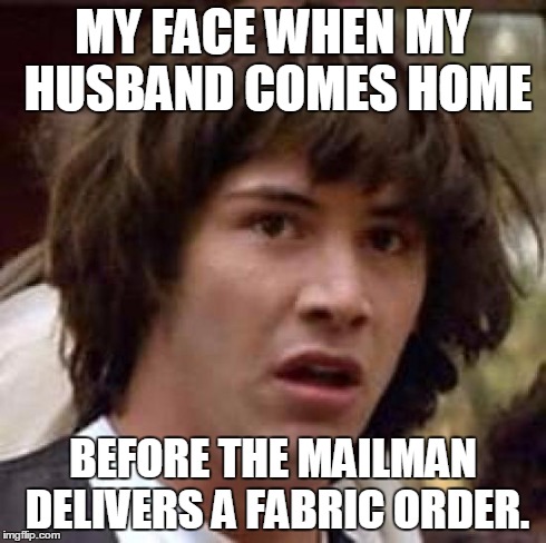 Conspiracy Keanu Meme | MY FACE WHEN MY HUSBAND COMES HOME BEFORE THE MAILMAN DELIVERS A FABRIC ORDER. | image tagged in memes,conspiracy keanu | made w/ Imgflip meme maker