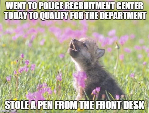 Baby Insanity Wolf Meme | WENT TO POLICE RECRUITMENT CENTER TODAY TO QUALIFY FOR THE DEPARTMENT STOLE A PEN FROM THE FRONT DESK | image tagged in memes,baby insanity wolf | made w/ Imgflip meme maker