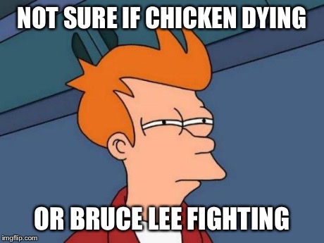 Futurama Fry | NOT SURE IF CHICKEN DYING OR BRUCE LEE FIGHTING | image tagged in memes,futurama fry | made w/ Imgflip meme maker