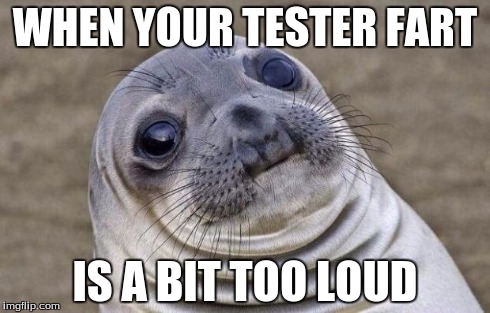 Awkward Moment Sealion Meme | WHEN YOUR TESTER FART IS A BIT TOO LOUD | image tagged in memes,awkward moment sealion | made w/ Imgflip meme maker