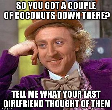 Creepy Condescending Wonka Meme | SO YOU GOT A COUPLE OF COCONUTS DOWN THERE? TELL ME WHAT YOUR LAST GIRLFRIEND THOUGHT OF THEM | image tagged in memes,creepy condescending wonka | made w/ Imgflip meme maker