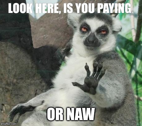 Stoner Lemur | LOOK HERE, IS YOU PAYING OR NAW | image tagged in memes,stoner lemur | made w/ Imgflip meme maker