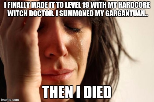 First World Problems Meme | I FINALLY MADE IT TO LEVEL 19 WITH MY HARDCORE WITCH DOCTOR. I SUMMONED MY GARGANTUAN.. THEN I DIED | image tagged in memes,first world problems | made w/ Imgflip meme maker