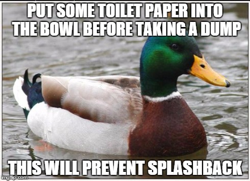 Actual Advice Mallard | PUT SOME TOILET PAPER INTO THE BOWL BEFORE TAKING A DUMP THIS WILL PREVENT SPLASHBACK | image tagged in memes,actual advice mallard | made w/ Imgflip meme maker