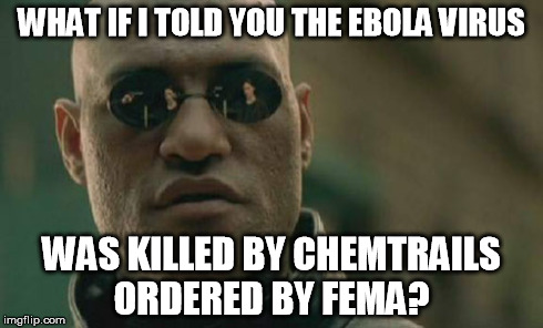 Matrix Morpheus Meme | WHAT IF I TOLD YOU THE EBOLA VIRUS WAS KILLED BY CHEMTRAILS ORDERED BY FEMA? | image tagged in memes,matrix morpheus | made w/ Imgflip meme maker