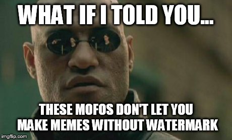 Matrix Morpheus | WHAT IF I TOLD YOU... THESE MOFOS DON'T LET YOU MAKE MEMES WITHOUT WATERMARK | image tagged in memes,matrix morpheus | made w/ Imgflip meme maker
