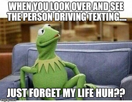 KERMIT | WHEN YOU LOOK OVER AND SEE THE PERSON DRIVING TEXTING.... JUST FORGET MY LIFE HUH?? | image tagged in kermit | made w/ Imgflip meme maker