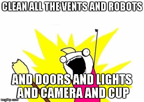 X All The Y Meme | CLEAN ALL THE VENTS AND ROBOTS AND DOORS AND LIGHTS AND CAMERA AND CUP | image tagged in memes,x all the y | made w/ Imgflip meme maker
