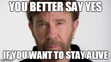 Chuck Norris | YOU BETTER SAY YES IF YOU WANT TO STAY ALIVE | image tagged in chuck norris | made w/ Imgflip meme maker