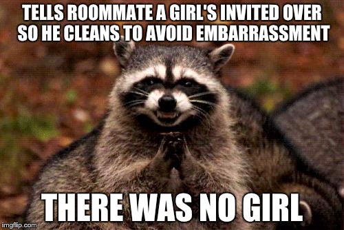 Evil Plotting Raccoon | TELLS ROOMMATE A GIRL'S INVITED OVER SO HE CLEANS TO AVOID EMBARRASSMENT THERE WAS NO GIRL | image tagged in memes,evil plotting raccoon,AdviceAnimals | made w/ Imgflip meme maker