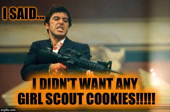 Tony Montana and Girl Scout cookies | I SAID... I DIDN'T WANT ANY GIRL SCOUT COOKIES!!!!! | image tagged in tony montana and girl scout cookies | made w/ Imgflip meme maker