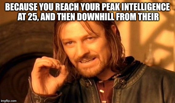 One Does Not Simply Meme | BECAUSE YOU REACH YOUR PEAK INTELLIGENCE AT 25, AND THEN DOWNHILL FROM THEIR | image tagged in memes,one does not simply | made w/ Imgflip meme maker