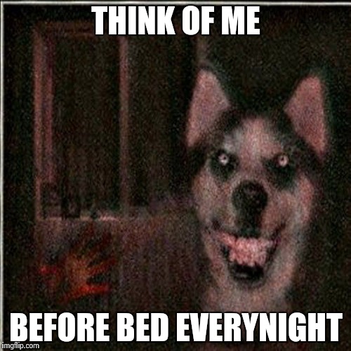 THINK OF ME BEFORE BED EVERYNIGHT | image tagged in creepydog | made w/ Imgflip meme maker