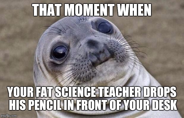 Awkward Moment Sealion Meme | THAT MOMENT WHEN YOUR FAT SCIENCE TEACHER DROPS HIS PENCIL IN FRONT OF YOUR DESK | image tagged in memes,awkward moment sealion | made w/ Imgflip meme maker