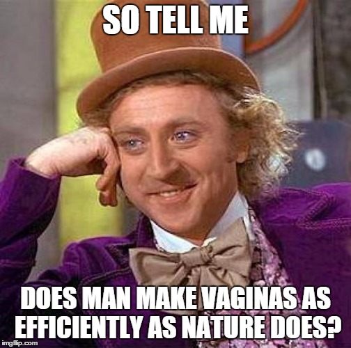 Creepy Condescending Wonka Meme | SO TELL ME DOES MAN MAKE VA**NAS AS EFFICIENTLY AS NATURE DOES? | image tagged in memes,creepy condescending wonka | made w/ Imgflip meme maker