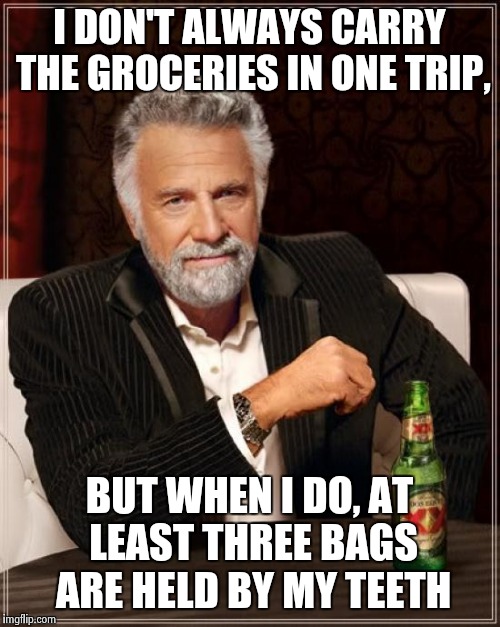 The Most Interesting Man In The World Meme | I DON'T ALWAYS CARRY THE GROCERIES IN ONE TRIP, BUT WHEN I DO, AT LEAST THREE BAGS ARE HELD BY MY TEETH | image tagged in memes,the most interesting man in the world | made w/ Imgflip meme maker