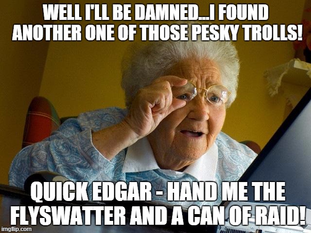 Grandma Finds The Internet | WELL I'LL BE DAMNED...I FOUND ANOTHER ONE OF THOSE PESKY TROLLS! QUICK EDGAR - HAND ME THE FLYSWATTER AND A CAN OF RAID! | image tagged in memes,grandma finds the internet | made w/ Imgflip meme maker