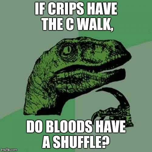 Northside shuffle  | IF CRIPS HAVE THE C WALK, DO BLOODS HAVE A SHUFFLE? | image tagged in memes,philosoraptor | made w/ Imgflip meme maker