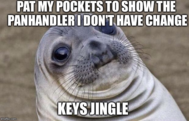 Awkward Moment Sealion | PAT MY POCKETS TO SHOW THE PANHANDLER I DON'T HAVE CHANGE KEYS JINGLE | image tagged in memes,awkward moment sealion | made w/ Imgflip meme maker